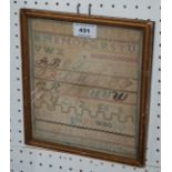 An early framed sampler, embroidered Oakly Park, Windsor Clive, 22 x 19cm framed and glazed