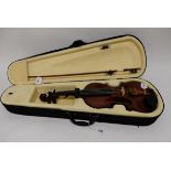 A modern violin 35cm with bow 72.5cm and case Condition Report: Available upon request