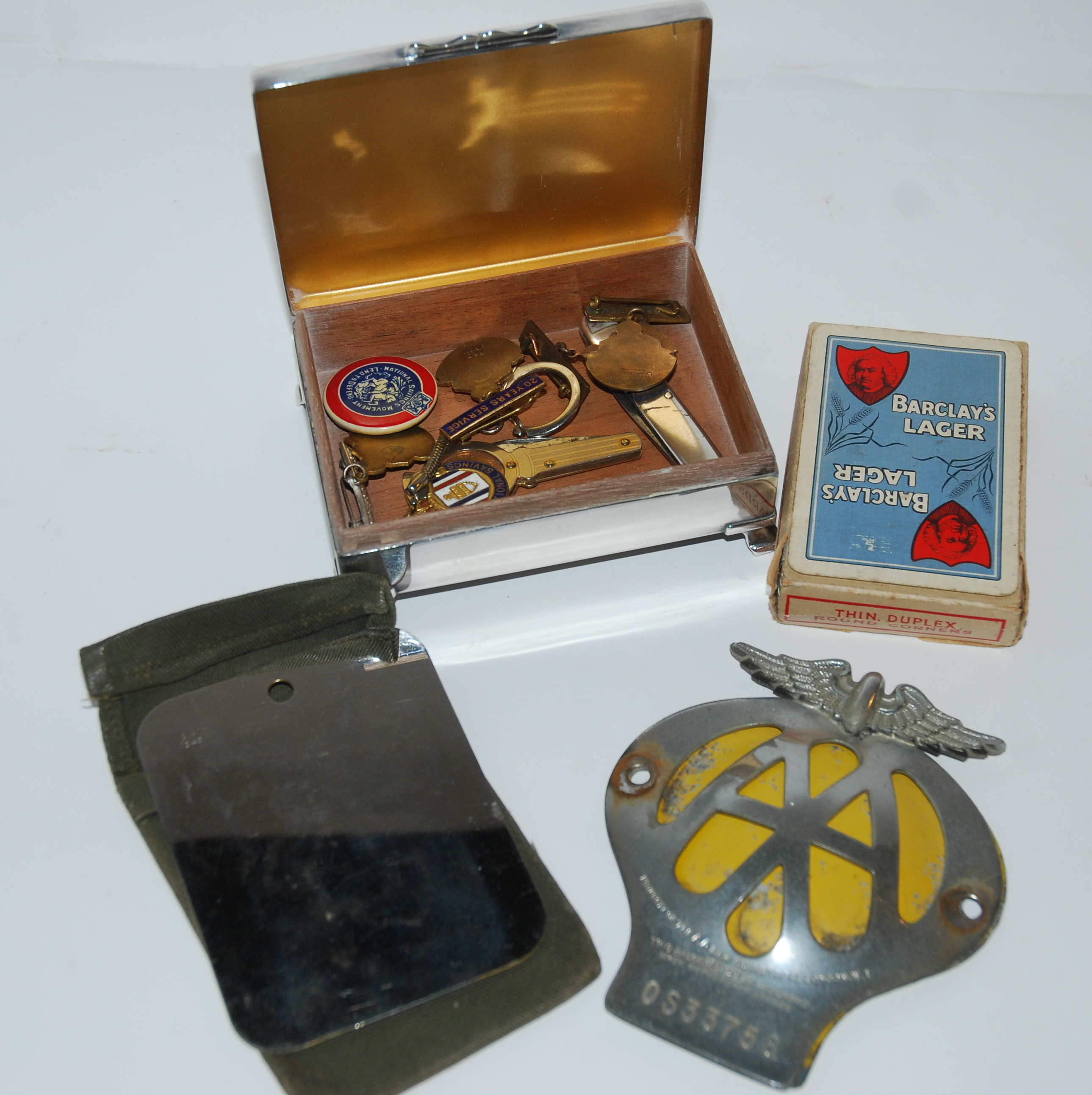 An white-metal cigarette box, AA car mascot etc Condition Report: Available upon request