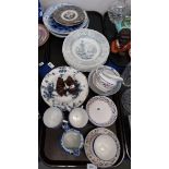 Assorted Scottish pottery plates and bowls, a pair of dogs, Spode jug and handpainted tea and
