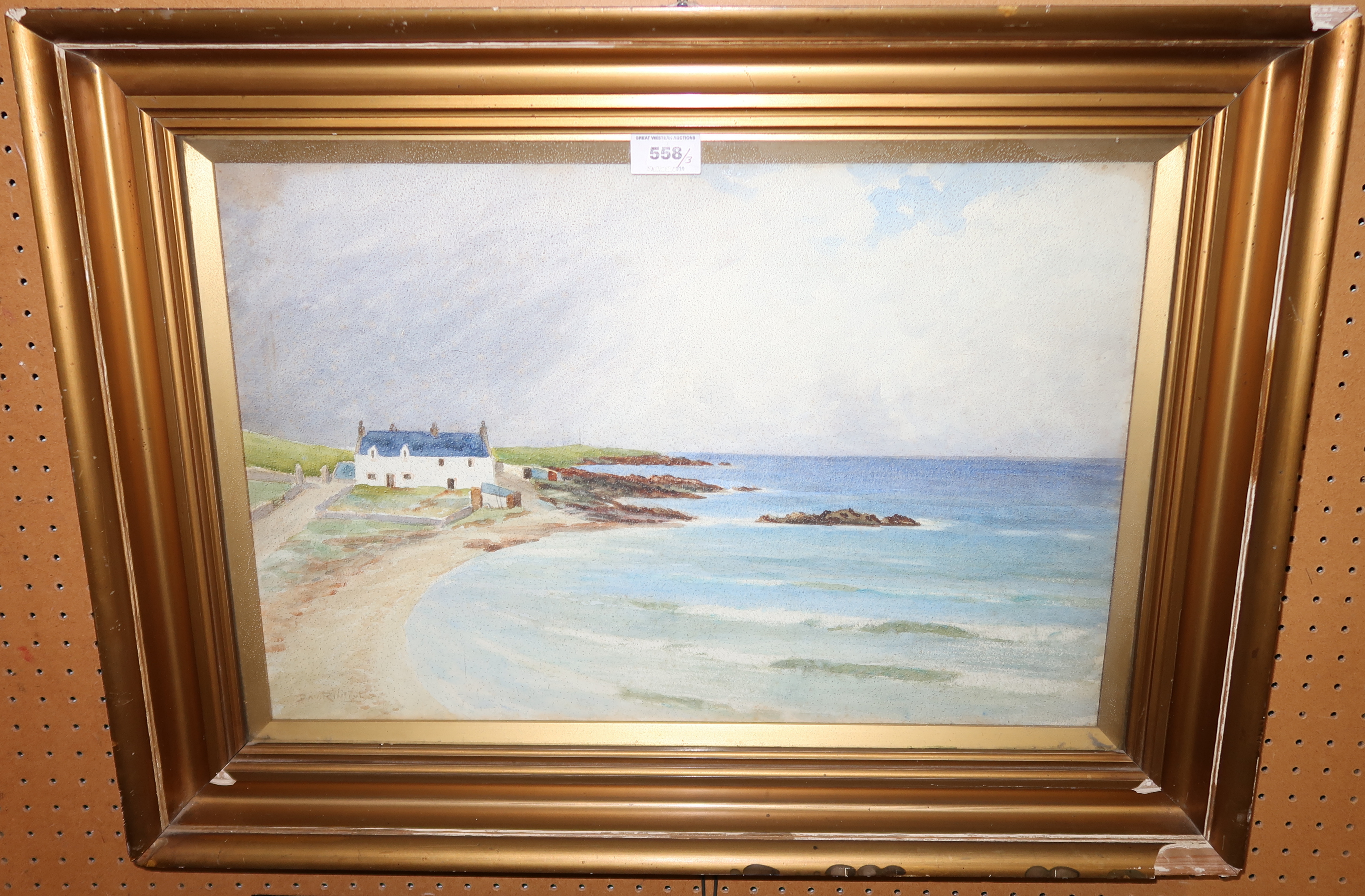 DAVID RINTOUL Seascape, signed, watercolour, 35 x 52cm, SCOTTISH SCHOOL Houses on the coast, oil