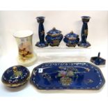 A Carlton Ware Chinoiserie decorated dressing table set and a Cauldon highland cow decorated vase