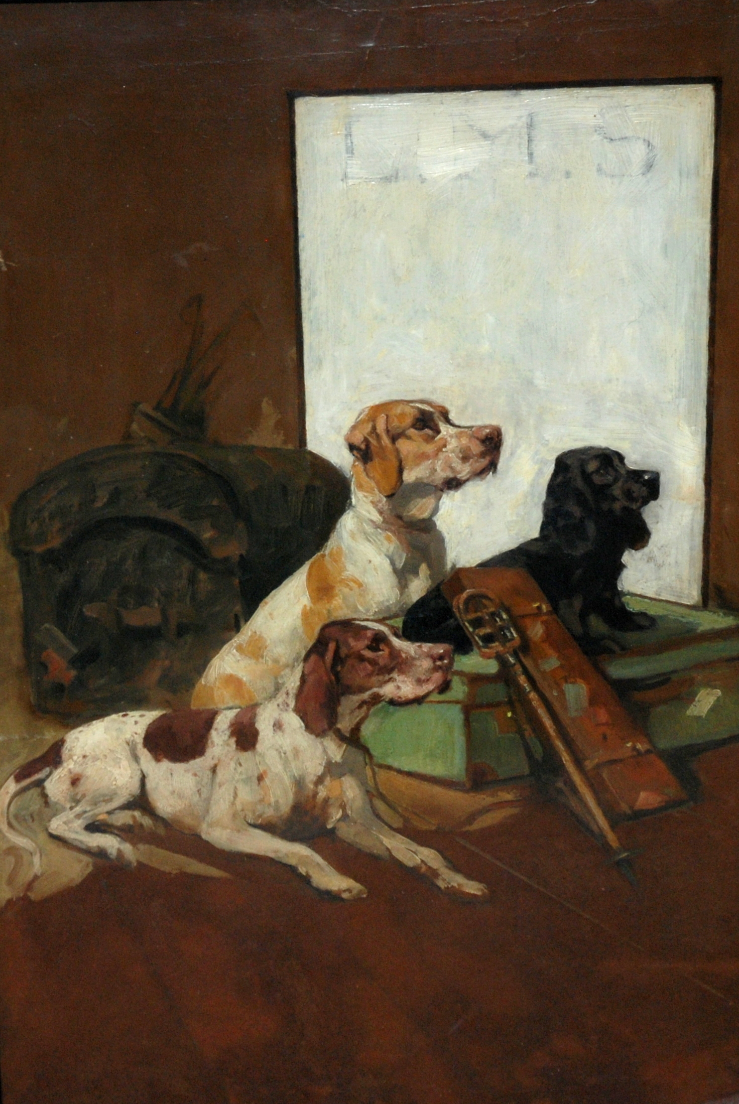 ENGLISH SCHOOL L.M.S Hounds and luggage, oil on board, 76 x 51cm Condition Report: Available upon