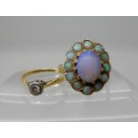 A 9ct gold blue opal cluster ring size K, weight 3.4gms, together with an 18ct gold diamond