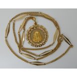 An Italian made Madonna pendant, diameter 3.7cm and chain length 84cm, weight approx 22gms Condition
