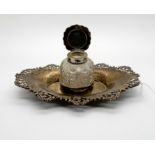 A silver and cut glass inkstand with single well, Birmingham 1900, oval with pierced decoration,