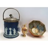 A Wedgwood lustre bowl decorated with a Chinese dragon, 15.5cm, a jasperware biscuit barrel and a