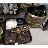 A metal jardiniere, two metal table easels, brush set and assorted hardwood stands etc Condition