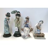 Four Lladro Geishas Condition Report: Kneeling figure cracked to base. others ok.