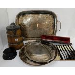 A tray lot of metalware and an oak metal bound jug Condition Report: Available upon request