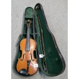A two piece back violin 35cm with bow (def) and case Condition Report: Available upon request