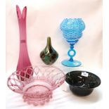 A Mdina glass vase, a pink lustre glass basket, a indistinctly signed bowl and two other items
