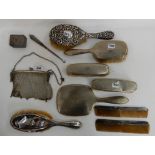 A tray lot of silver backed brushes (assorted marks), a metal mesh purse and a small Eastern box