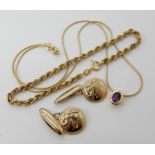 A 9ct amethyst pendant and snake chain, length 41cm, a 9ct rope chain bracelet and a pair of 9ct