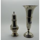 A lot comprising a silver vase (weighted), Chester 1912 and a silver sugar castor, Birmingham