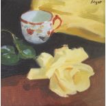 •NORMAN EDGAR RGI (SCOTTISH B.1948) YELLOW ROSE Oil on canvas board, signed, 25.5 x 25.5cm (10 x