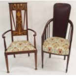 A GLASGOW STYLE ARMCHAIR the pierced back inlaid with foliage above a padded seat and on turned