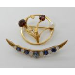 TWO VINTAGE BROOCHES a bright yellow metal crescent moon brooch set with opals and sapphires,