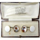 A PAIR OF 18CT ESSEX CRYSTAL AND ENAMEL CUFFLINKS depicting a grouse and a pheasant 15.3mm x 12mm by