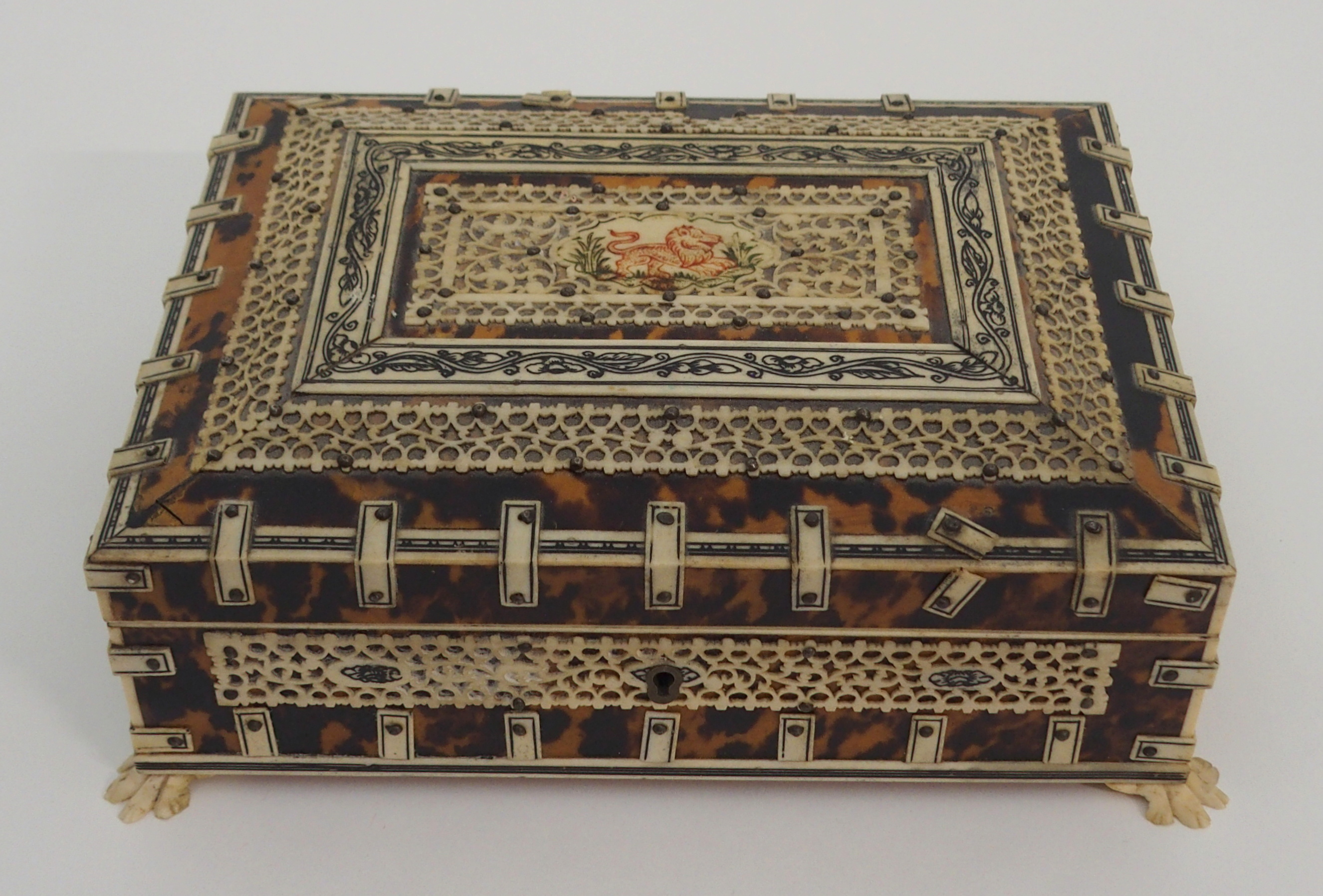 A VIZAGAPATAM JEWELLERY BOX the hinged cover with lion cartouche within pierced foliate bands, the - Image 9 of 9
