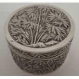 A CHINESE EXPORT SILVER CIRCULAR BOX decorated with bamboo to the cover and side, stamped marks WH