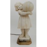 AN ALABASTER LAMP modelled as a young girl holding a globe, with original alabaster shade and