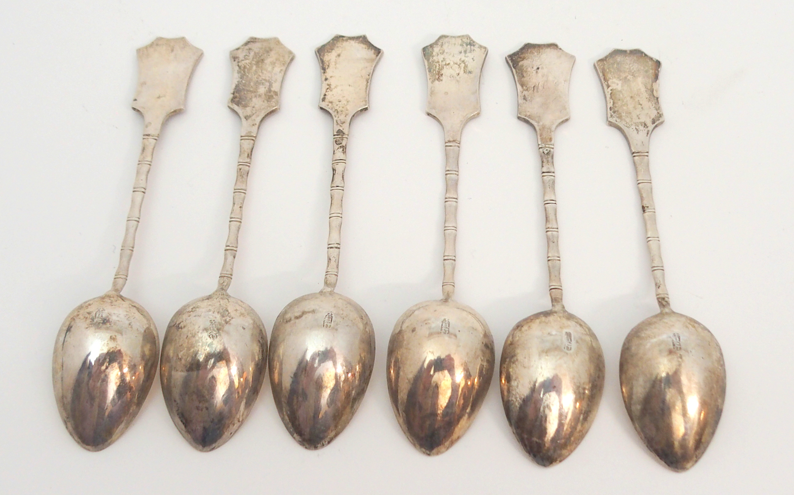 A SET OF SIX CHINESE EXPORT SILVER TEASPOONS with calligraphy on faux bamboo stems, stamped marks, - Image 2 of 4