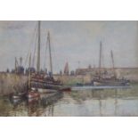 JAMES E GILMOUR (SCOTTISH 1885-1937) A BUSY HARBOUR Watercolour, signed and dated 1913, 24 x 34cm (9