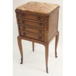 A FRENCH KINGWOOD SIDE CABINET with inset marble top and metal mounts, above a drawer and hinged