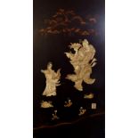 A PAIR OF JAPANESE LACQUERED AND ONLAID PANELS decorated with a gourd carrier and sage and