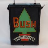 A LARGE METAL AND GLASS BUSH RADIO DEALER DOUBLE-SIDED ADVERTISING SIGN with hanging hooks, 70 x
