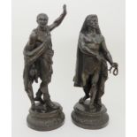 A PAIR OF VICTORIAN SPELTER FIGURES depicting a Native American 54cm high and a freed slave, 48cm