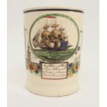A DAWSON AND CO CREAMWARE TANKARD of cylindrical form, printed and overpainted with a ship and the