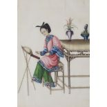 SIX CHINESE PAINTINGS CANTON SCHOOL gouache and ink on pith depicting;1. a lady seated playing a