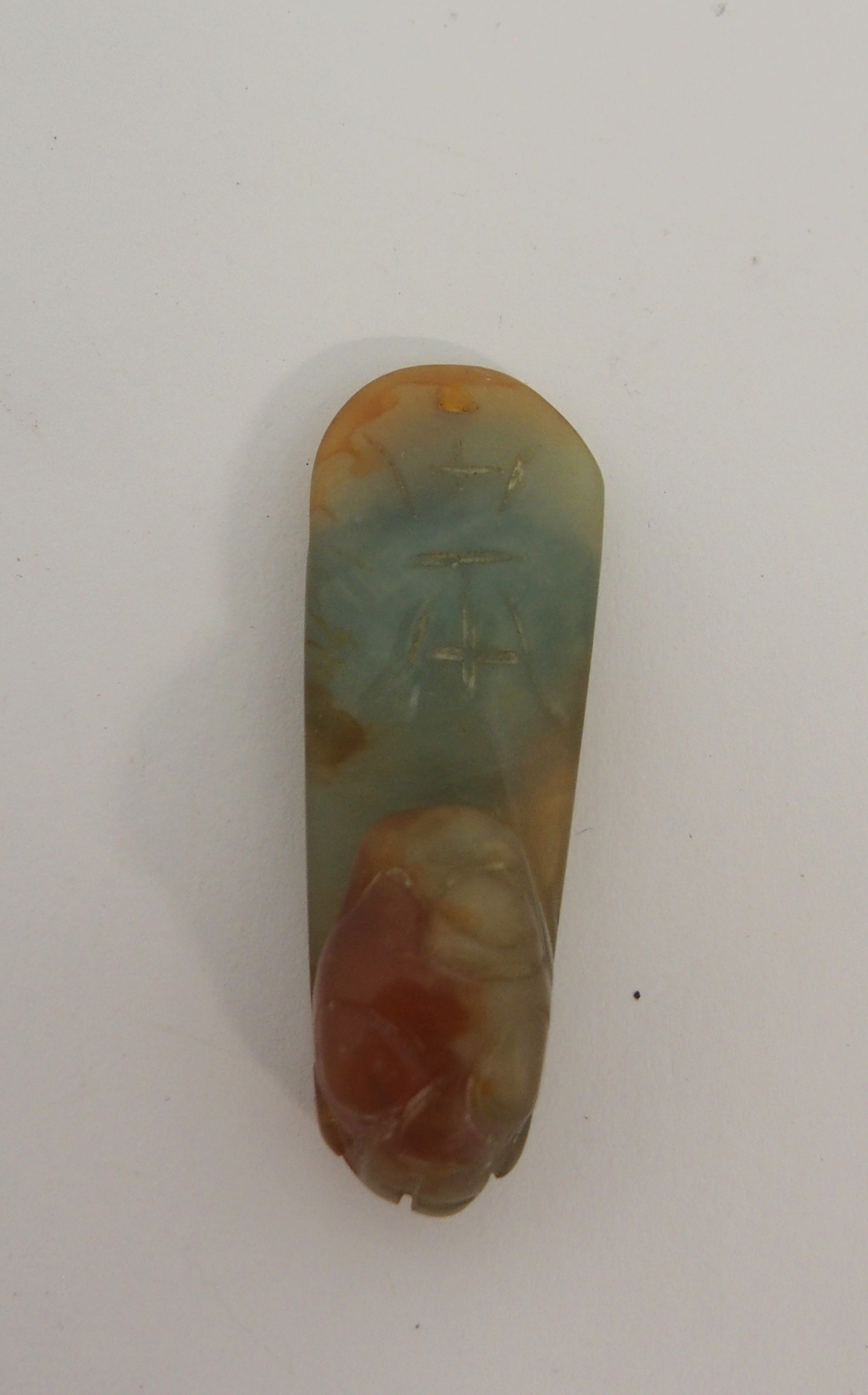 A CHINESE JADEITE BUTTON HOOK carved with a chilong head and engraved letter, 5cm long and two - Image 2 of 7