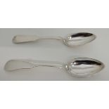 A PAIR OF RUSSIAN SILVER TABLESPOONS marked A. K. 1893, 84 and a horseman, fiddle pattern with blank