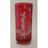 A MARY GREGORY CRANBERRY GLASS VASE of cylindrical form, painted in white enamel with the scene of a
