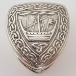 ALEXANDER RITCHIE, AN IONA SILVER BOX heart shaped, the hinged cover with embossed Viking ship and