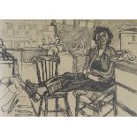 •JOHN RANDALL BRATBY RA (BRITISH 1928-1992) PATTI IN THE KITCHEN Graphite and conte, signed, 29 x