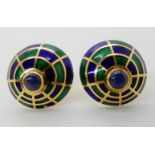 A PAIR OF 18CT ENAMEL AND SAPPHIRE CUFFLINKS enamelled in blue and green each set with a cabouchon