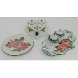A COLLECTION OF WEMYSS POTTERY including a heart shaped inkwell, decorated with green leaves,