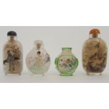FOUR CHINESE DECORATED GLASS SNUFF BOTTLES one with a river landscape, scholar and attendant, 7cm