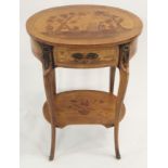 A REPRODUCTION MARQUETRY SIDE TABLE decorated with oriental figures beneath trees above a drawer and