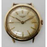 A GOLD PLATED LONGINES GENTS WATCH HEAD with cream dial and gold coloured baton numerals, diameter