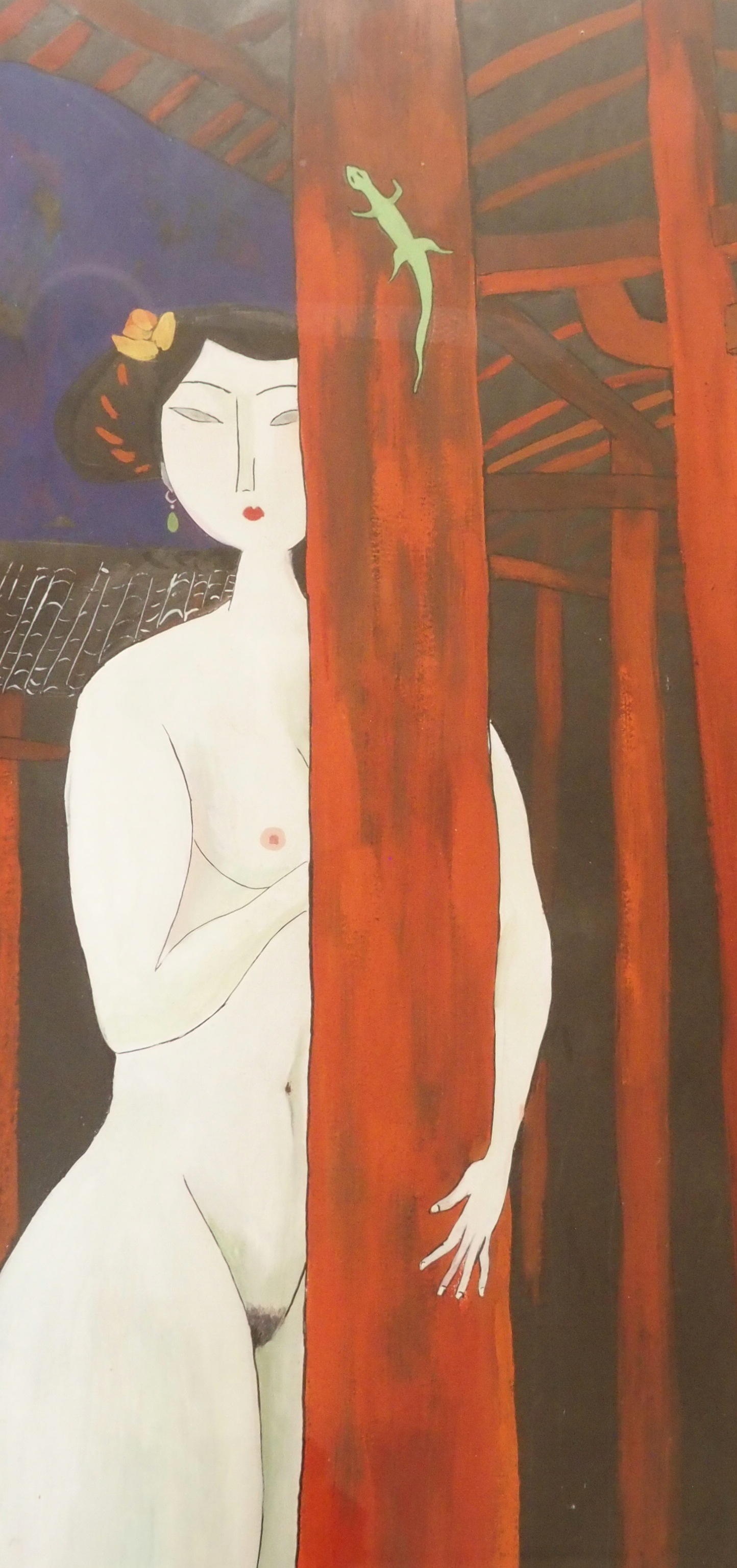 CHINESE CONTEMPORARY SCHOOL Figure resting on a ledge, signed, gouache, 23 x 46cm, naked woman - Image 3 of 4