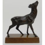 A 20TH CENTURY BRONZE OF A STAG unsigned, modelled with its head raised, upon wooden plinth, 29cm