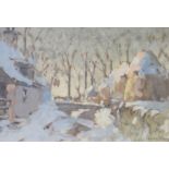 •HAROLD STOREY (SCOTTISH 1888-1965) THE SUNSET GLOW OF WINTER Oil on board, signed, 30.5 x 45cm (