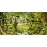 •JAMES HARRIGAN (SCOTTISH B.1937) GARDEN IN SUNSHINE Oil on panel, signed, 49.5 x 100.5cm (19 1/2