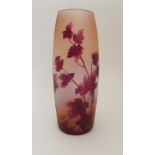 A LEGRAS FRENCH ART NOUVEAU CAMEO VASE of ovoid shape with burgundy leaf decoration on an acid
