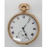 A 9CT GOLD OPEN FACE POCKET WATCH dated Birmingham 1925, inscribed to the metal dust cover 1929.